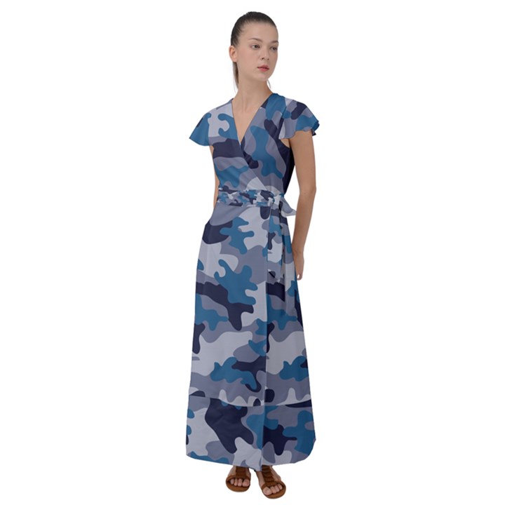 Military Seamless Pattern Flutter Sleeve Maxi Dress