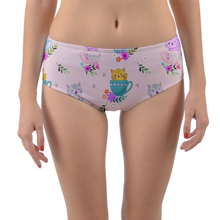 Cute Cat Coffee Cup Morning Times Seamless Pattern Reversible Mid-Waist Bikini Bottoms