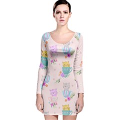 Cute Cat Coffee Cup Morning Times Seamless Pattern Long Sleeve Velvet Bodycon Dress by Vaneshart