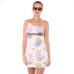 Cute Cat Coffee Cup Morning Times Seamless Pattern One Soulder Bodycon Dress