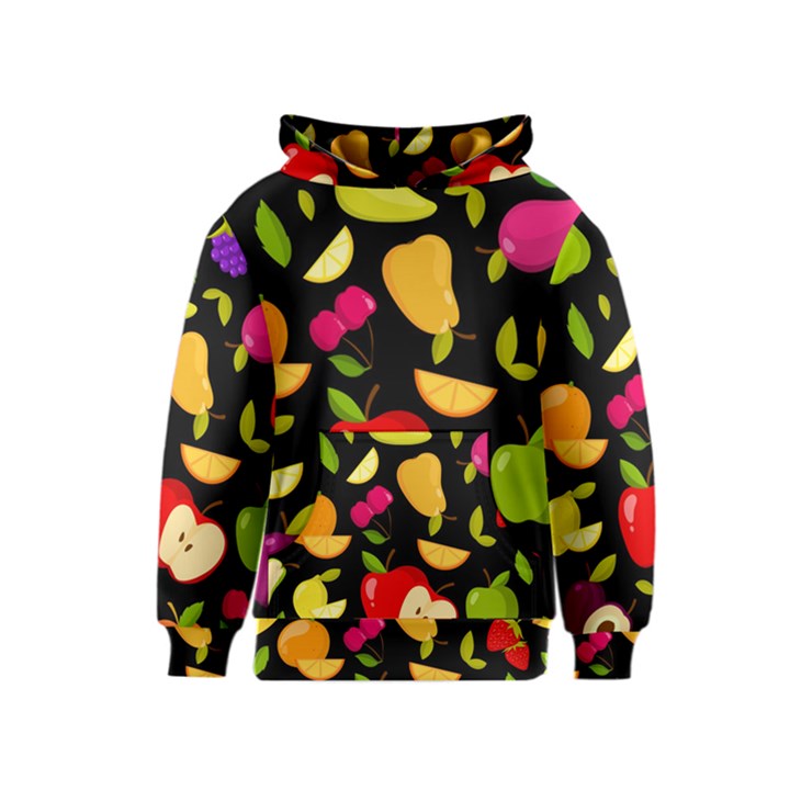 Vector Seamless Summer Fruits Pattern Black Background Kids  Pullover Hoodie