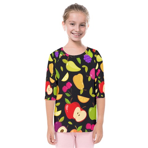 Vector Seamless Summer Fruits Pattern Black Background Kids  Quarter Sleeve Raglan Tee by Vaneshart