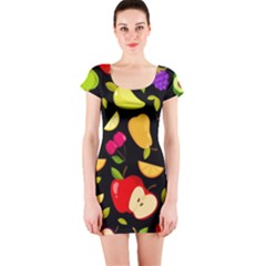 Vector Seamless Summer Fruits Pattern Black Background Short Sleeve Bodycon Dress by Vaneshart