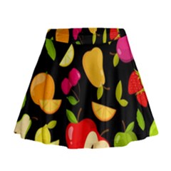 Vector Seamless Summer Fruits Pattern Black Background Mini Flare Skirt by Vaneshart