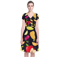 Vector Seamless Summer Fruits Pattern Black Background Short Sleeve Front Wrap Dress by Vaneshart