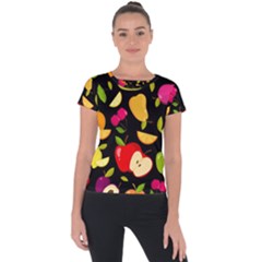 Vector Seamless Summer Fruits Pattern Black Background Short Sleeve Sports Top  by Vaneshart