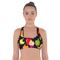 Vector Seamless Summer Fruits Pattern Black Background Cross Back Sports Bra by Vaneshart