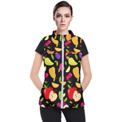 Vector Seamless Summer Fruits Pattern Black Background Women s Puffer Vest by Vaneshart