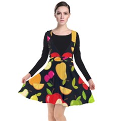 Vector Seamless Summer Fruits Pattern Black Background Plunge Pinafore Dress by Vaneshart