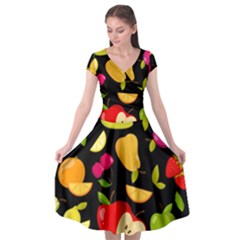 Vector Seamless Summer Fruits Pattern Black Background Cap Sleeve Wrap Front Dress by Vaneshart