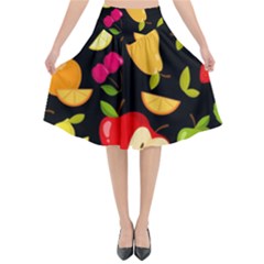 Vector Seamless Summer Fruits Pattern Black Background Flared Midi Skirt by Vaneshart