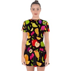 Vector Seamless Summer Fruits Pattern Black Background Drop Hem Mini Chiffon Dress by Vaneshart