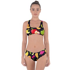 Vector Seamless Summer Fruits Pattern Black Background Criss Cross Bikini Set by Vaneshart