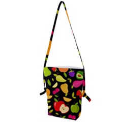 Vector Seamless Summer Fruits Pattern Black Background Folding Shoulder Bag by Vaneshart