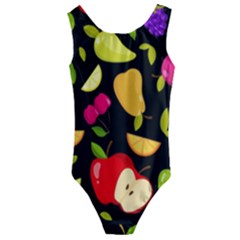 Vector Seamless Summer Fruits Pattern Black Background Kids  Cut-out Back One Piece Swimsuit by Vaneshart