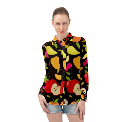 Vector Seamless Summer Fruits Pattern Black Background Long Sleeve Chiffon Shirt by Vaneshart