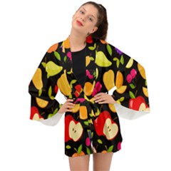 Vector Seamless Summer Fruits Pattern Black Background Long Sleeve Kimono