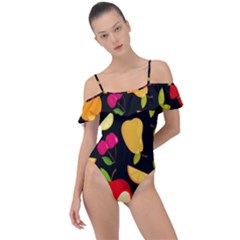 Vector Seamless Summer Fruits Pattern Black Background Frill Detail One Piece Swimsuit