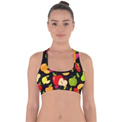 Vector Seamless Summer Fruits Pattern Black Background Cross Back Hipster Bikini Top 