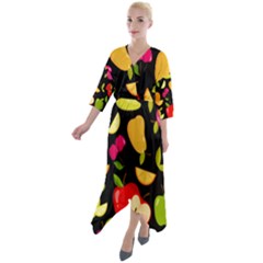 Vector Seamless Summer Fruits Pattern Black Background Quarter Sleeve Wrap Front Maxi Dress