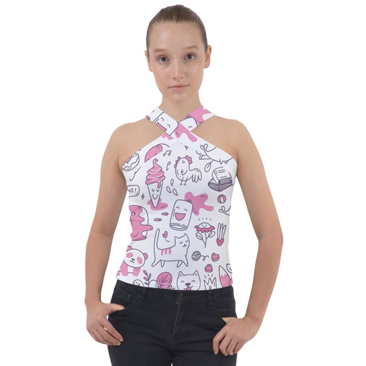 Set Kawaii Doodles Cross Neck Velour Top