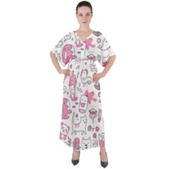 Set Kawaii Doodles V-neck Boho Style Maxi Dress