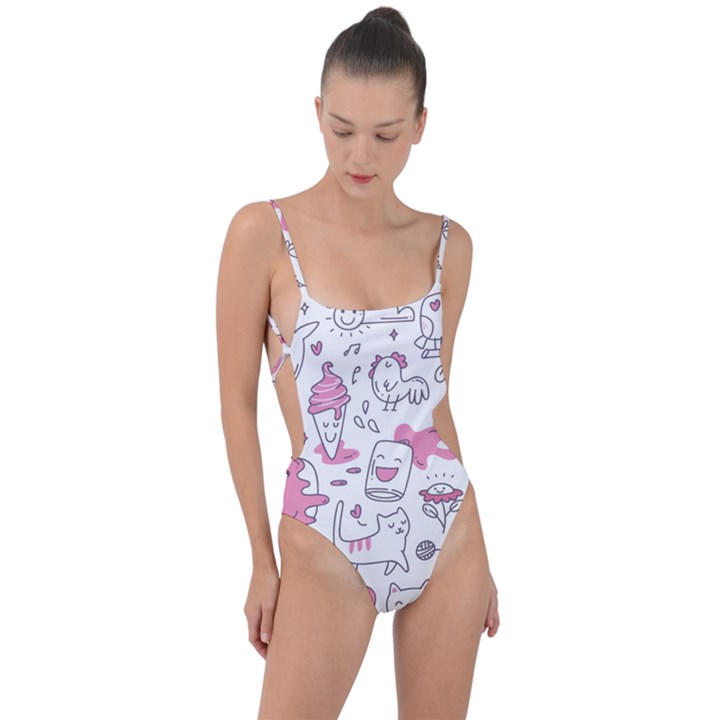 Set Kawaii Doodles Tie Strap One Piece Swimsuit