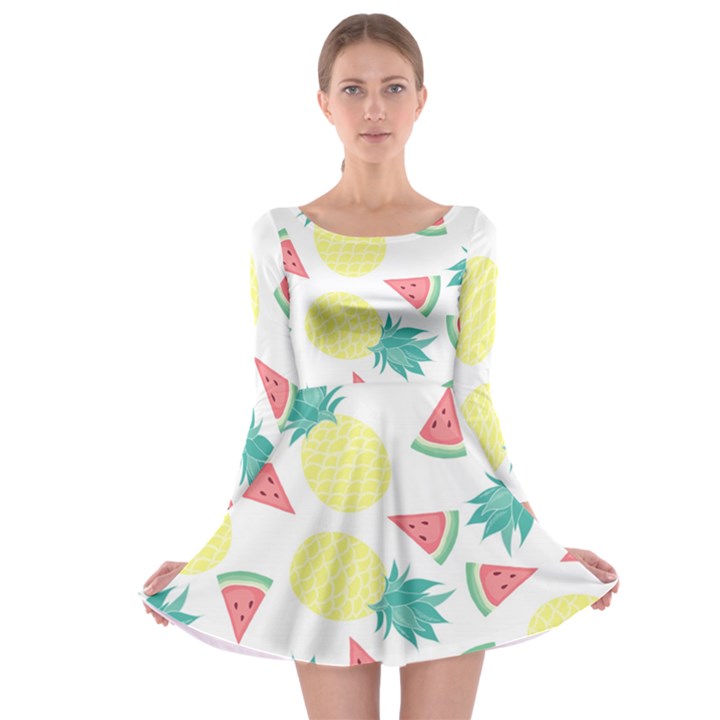 Vector Seamless Pattern With Pineapples Long Sleeve Skater Dress