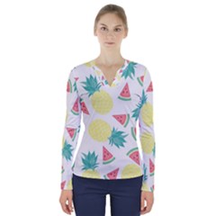 Vector Seamless Pattern With Pineapples V-neck Long Sleeve Top by Vaneshart