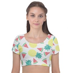 Vector Seamless Pattern With Pineapples Velvet Short Sleeve Crop Top  by Vaneshart