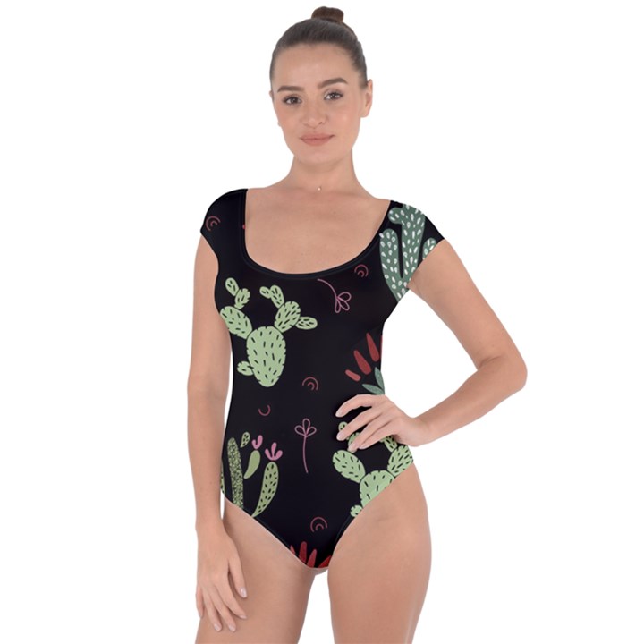 Cartoon African Cactus Seamless Pattern Short Sleeve Leotard 