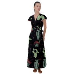 Cartoon African Cactus Seamless Pattern Flutter Sleeve Maxi Dress