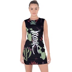 Cartoon African Cactus Seamless Pattern Lace Up Front Bodycon Dress