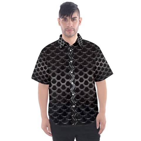 Black Metallic Hexagon Mesh Pattern Background Men s Short Sleeve Shirt by Vaneshart