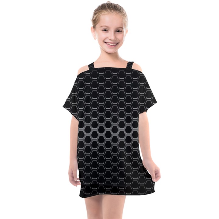 Black Metallic Hexagon Mesh Pattern Background Kids  One Piece Chiffon Dress