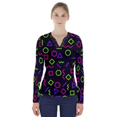 Geometric Seamless Pattern V-neck Long Sleeve Top by Vaneshart