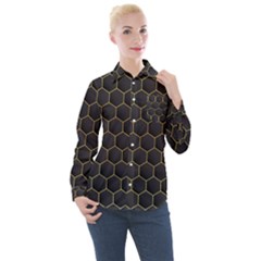 Hexagon Black Background Women s Long Sleeve Pocket Shirt