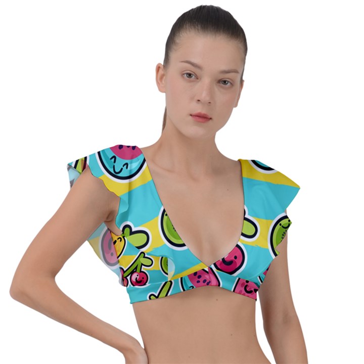 Summer Fruits Patterns Plunge Frill Sleeve Bikini Top