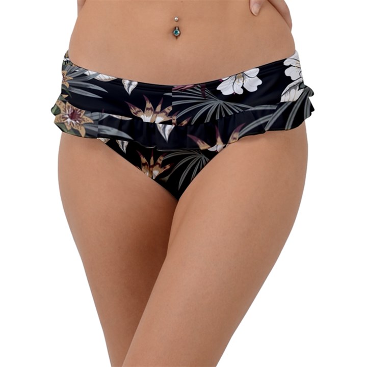 Beautiful Artistic Dark Tropical Pattern Frill Bikini Bottom