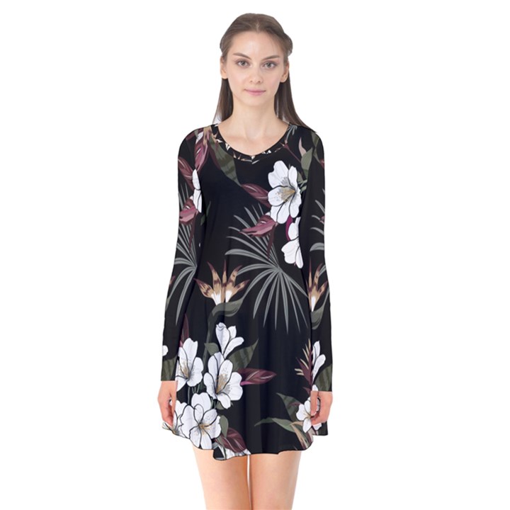 Beautiful Artistic Dark Tropical Pattern Long Sleeve V-neck Flare Dress