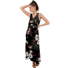 Beautiful Artistic Dark Tropical Pattern V-neck Chiffon Maxi Dress