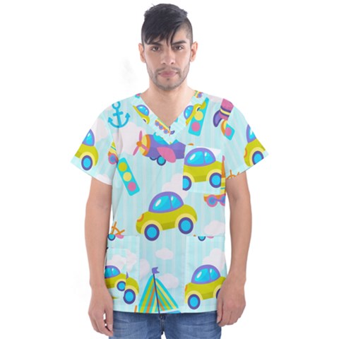 Transport Toy Seamless Pattern Men s V-neck Scrub Top by Vaneshart