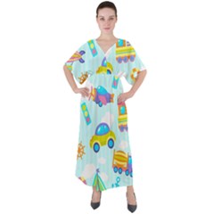 Transport Toy Seamless Pattern V-neck Boho Style Maxi Dress