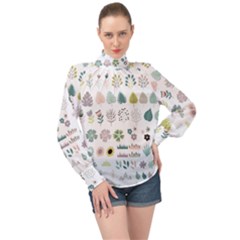 Cute Flowers Plants Big Collection High Neck Long Sleeve Chiffon Top