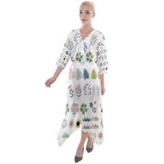 Cute Flowers Plants Big Collection Quarter Sleeve Wrap Front Maxi Dress