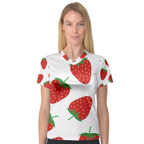 Seamless Pattern Fresh Strawberry V-neck Sport Mesh Tee by Vaneshart