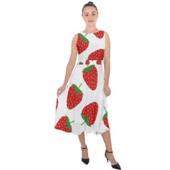 Seamless Pattern Fresh Strawberry Midi Tie-back Chiffon Dress by Vaneshart