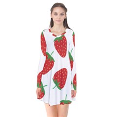 Seamless Pattern Fresh Strawberry Long Sleeve V-neck Flare Dress by Vaneshart