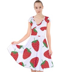 Seamless Pattern Fresh Strawberry Cap Sleeve Front Wrap Midi Dress by Vaneshart