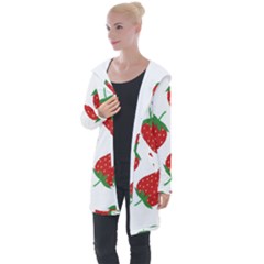 Seamless Pattern Fresh Strawberry Longline Hooded Cardigan by Vaneshart